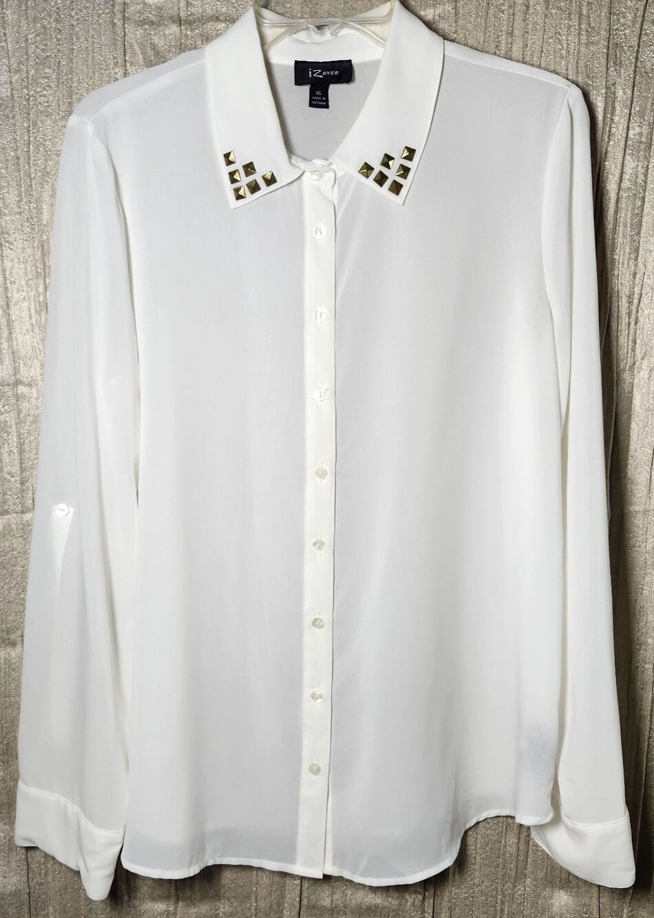 IZ Byer White Studded Collar Button-Up Blouse XL Sheer Roll Sleeve Office Chic